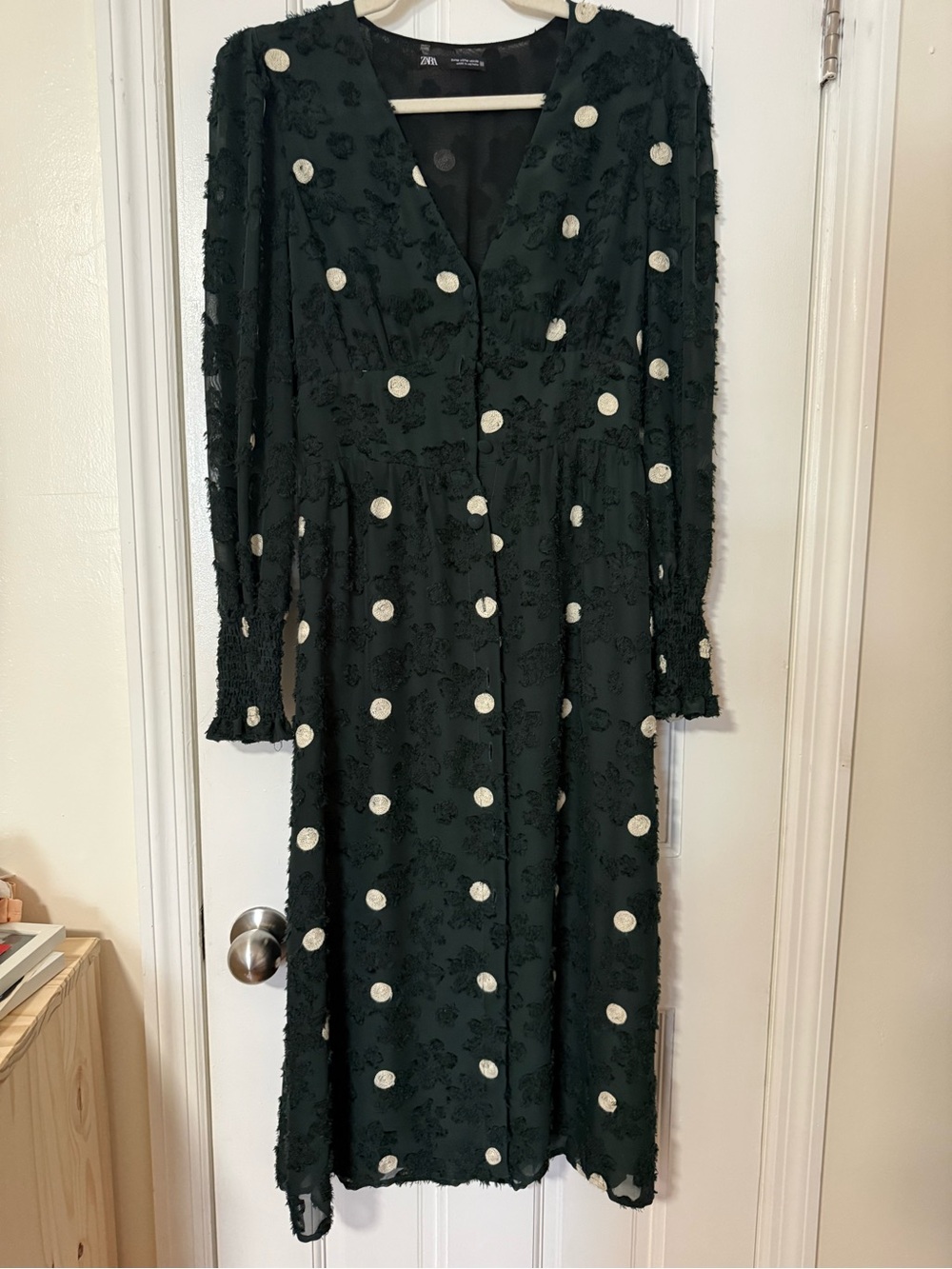 Zara Dark Green Midi Dress with White Polka Dots